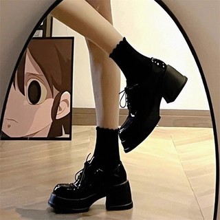 Preto estilo britânico Retro de sola grossa rendas pequenos sapatos de couro feminino 2026 outono inverno All-Match moca