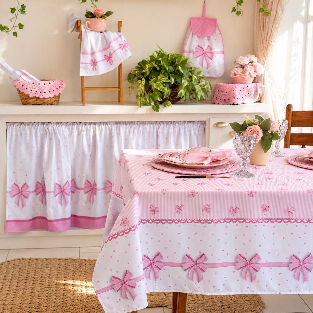 Toalha de Mesa 1,45m X 1,35m - Para 4 Lugares Linda Estampa Digital Laços Rosa