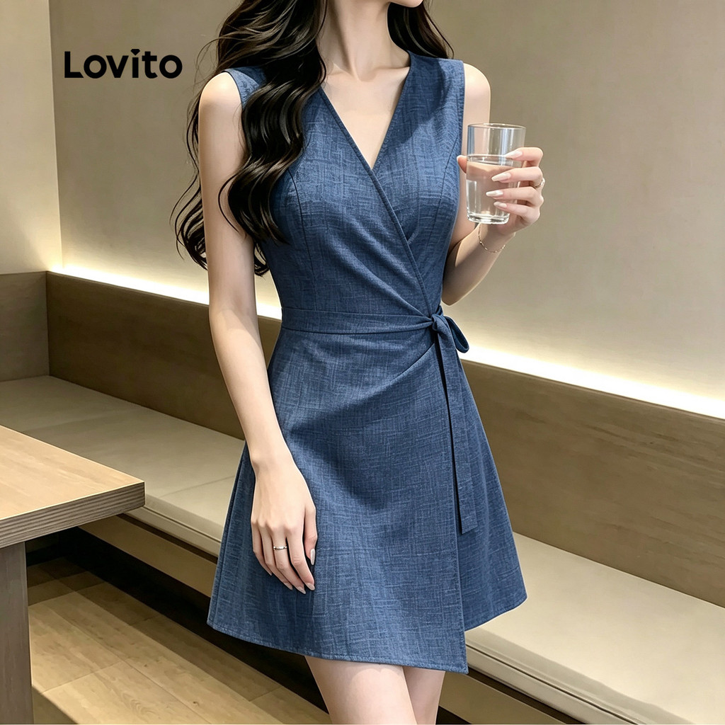 Lovito Vestido Casual Azul de Renda e Pregas para a primavera/verão DRB203TD211 · foto 2