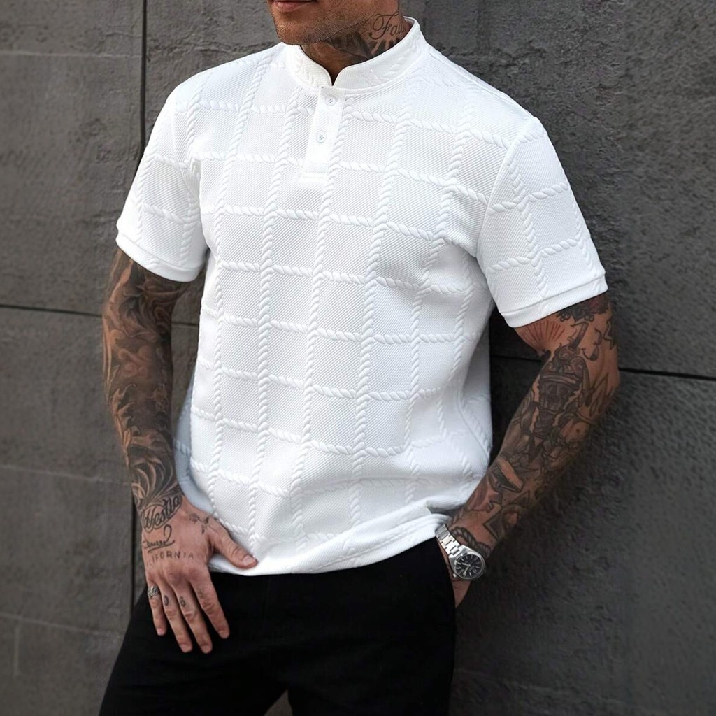 Novo estilo masculino gola alta camisa Polo de manga curta cor sólida malha