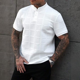 Novo estilo masculino gola alta camisa Polo de manga curta cor sólida malha