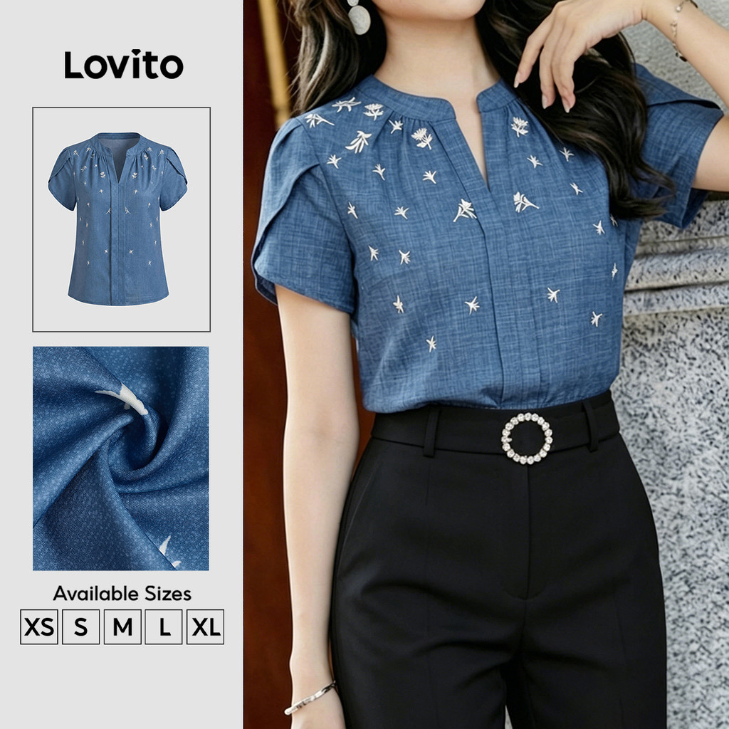 (New Arrival) Lovito Blusa Feminina Azulmarinho Com Padrão Floral Manga Curta Decote V Primavera/Verão Trabalho BLB201P1D160