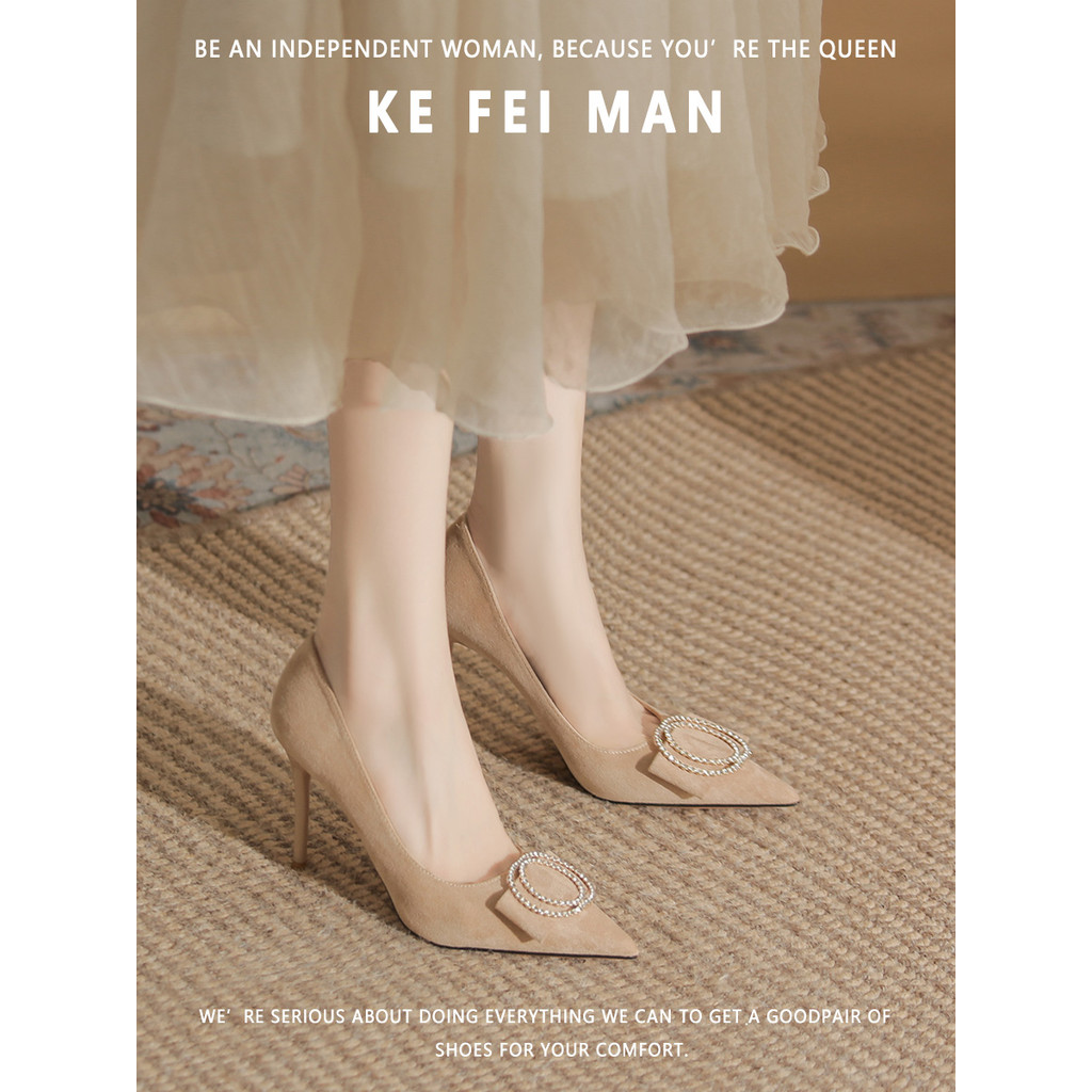[Kefiman] Fivela de strass Nude salto alto feminino primavera outono camurça fosca apontou sapatos de salto agulha etiqu