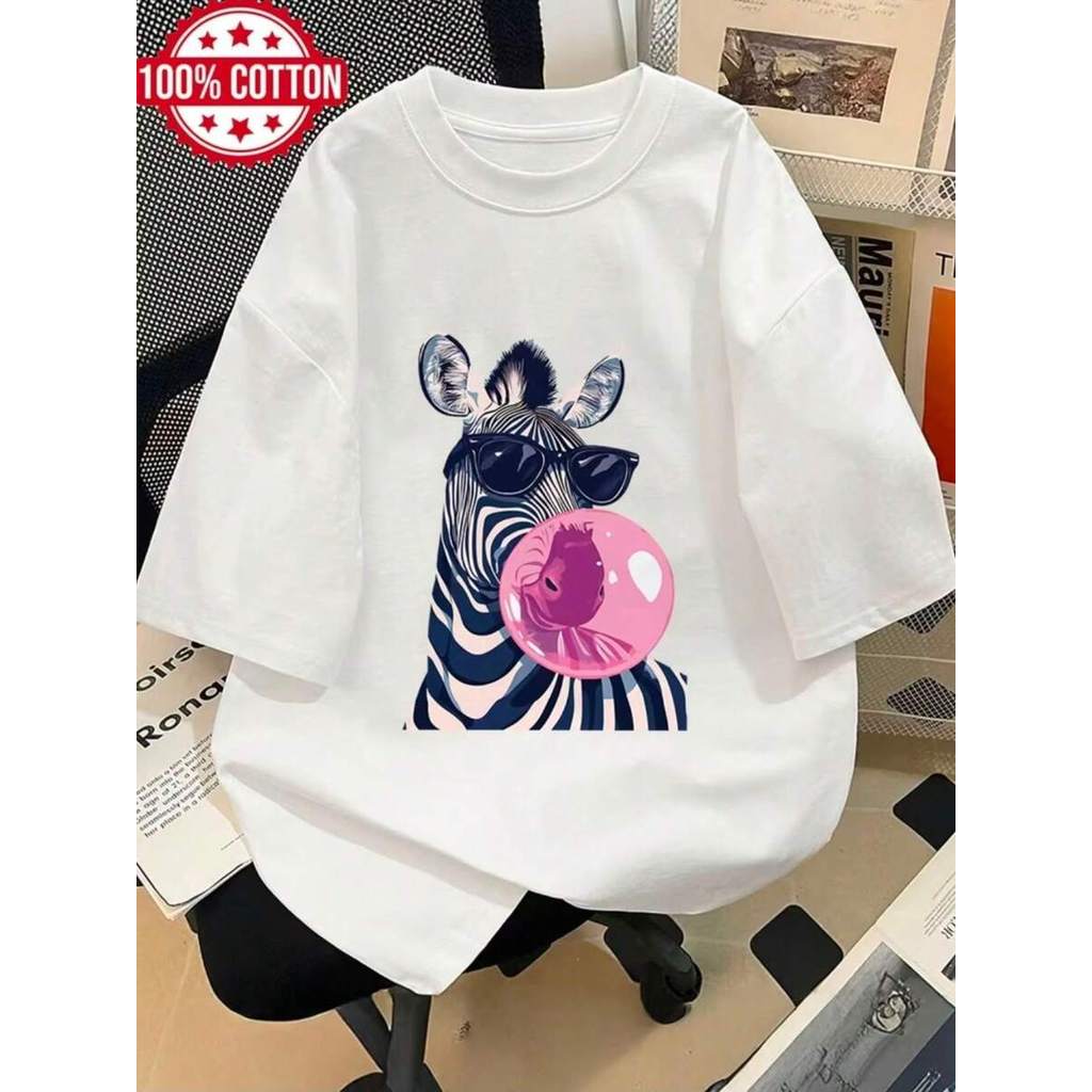 Camiseta Tshirt Feminina Estampada Zebra Estilosa Camiseta 100% Algodão com Manga Curta e Gola Redonda
