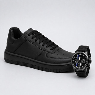Tenis Force Air Masculino Casual Dia a Dia Branco Preto Leve Confortável + Relógio
