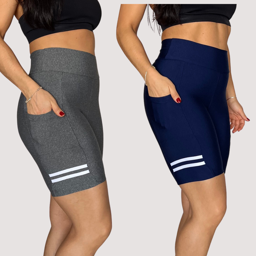 Kit 2 Short Suplex Com Bolso Feminino Cintura Alta Bermuda Compressão Fitness Corrida Caminhada Academia Marinho/ Cinza
