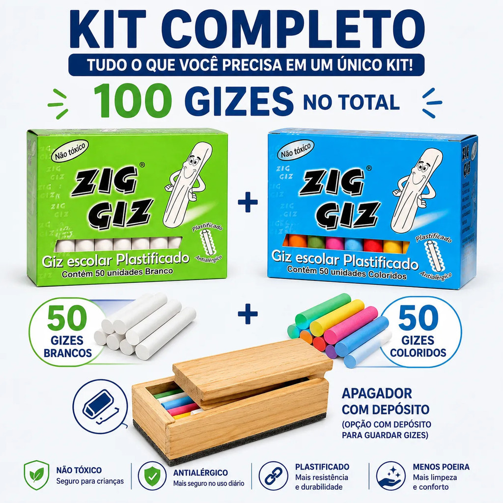 Kit Giz Escolar 100 Unidades 50 Branco 50 Colorido Plastificado com Apagador para Lousa Quadro Negro