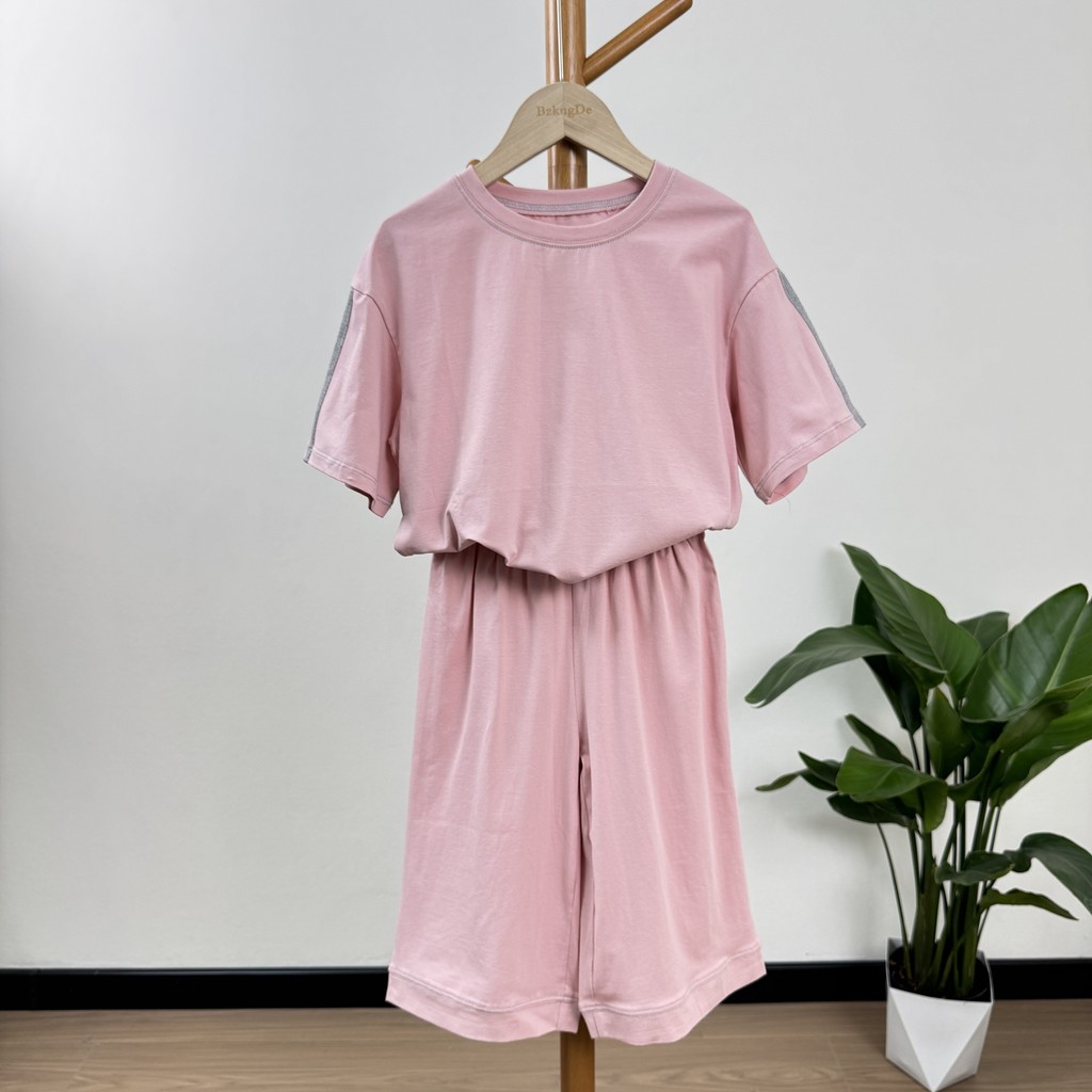 304111Conjunto de camiseta de manga curta fina de algodão puro para meninas crianças verão macio listrado Casual conjunt