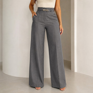 Calça Pantalona Alfaiataria Feminina Premium Social Cintura Alta Elegante Com Cinto