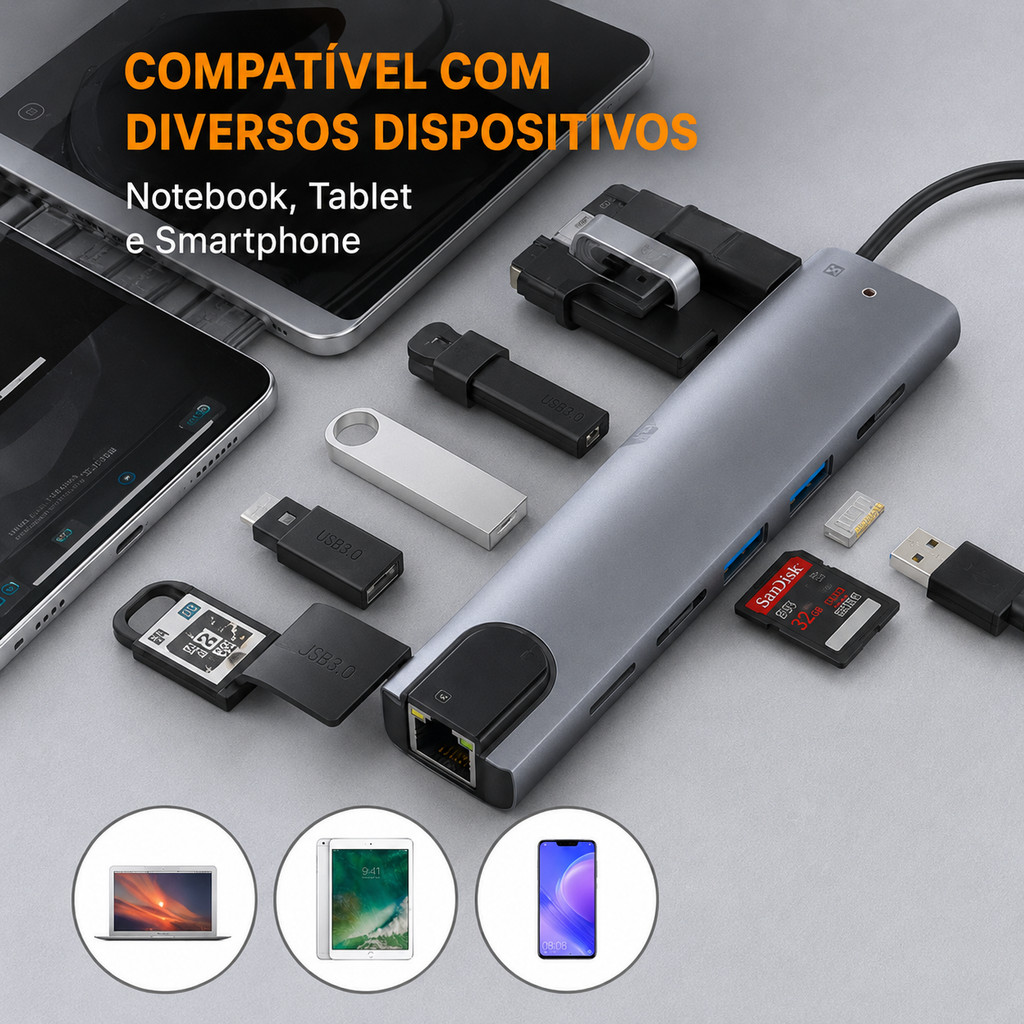 Hub USB-C 8 Em 1 Com HDMI RJ45 USB 3.0/2.0 PD SD TF Adaptador Tipo-C Para Notebook Tablet