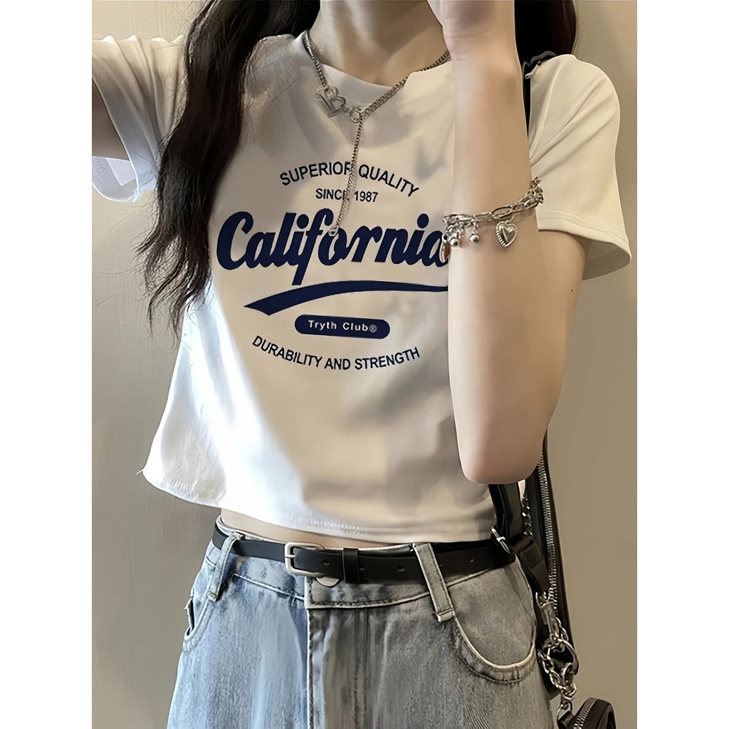 Camiseta Feminina California Estampada T-Shirt Manga Curta Casual Moderna Confortável Look Feminino