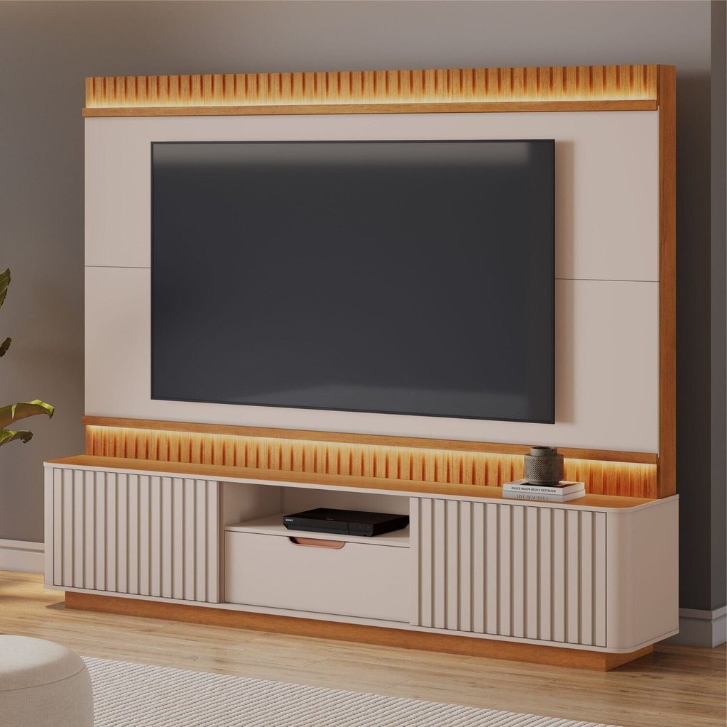 Estante para TV e Home Theater Ripado para TV até 85 Polegadas MDF 210CMX203CM Atena Detalhes Curvos Off/Cinamomo