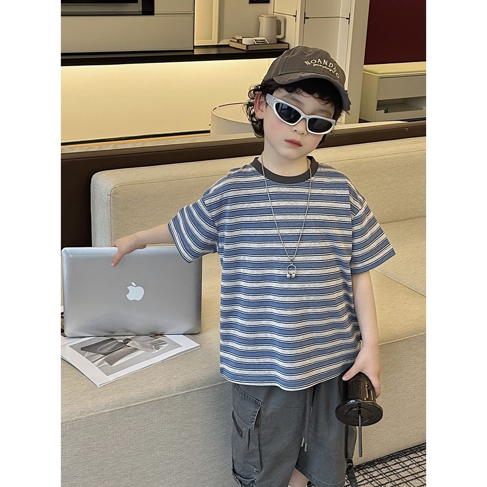 Meninos listrado camiseta de manga curta 2026 verão novo estilo infantil puro algodão topos médio grande crianças roupas