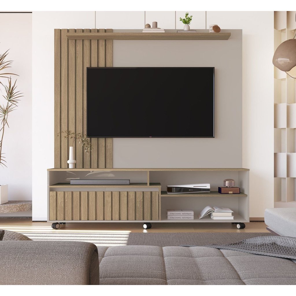 Estante Home Theater Ripado para TV até 65 Polegadas MDF 160x188cm Rodízios Havana Hanover/Fendi