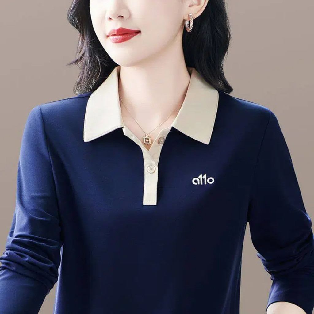 [95 Algodão] Primavera Outono Temperamento Gola polo Mãe Desgaste Base Camiseta de Manga Comprida Estilo Ocidental Moda 