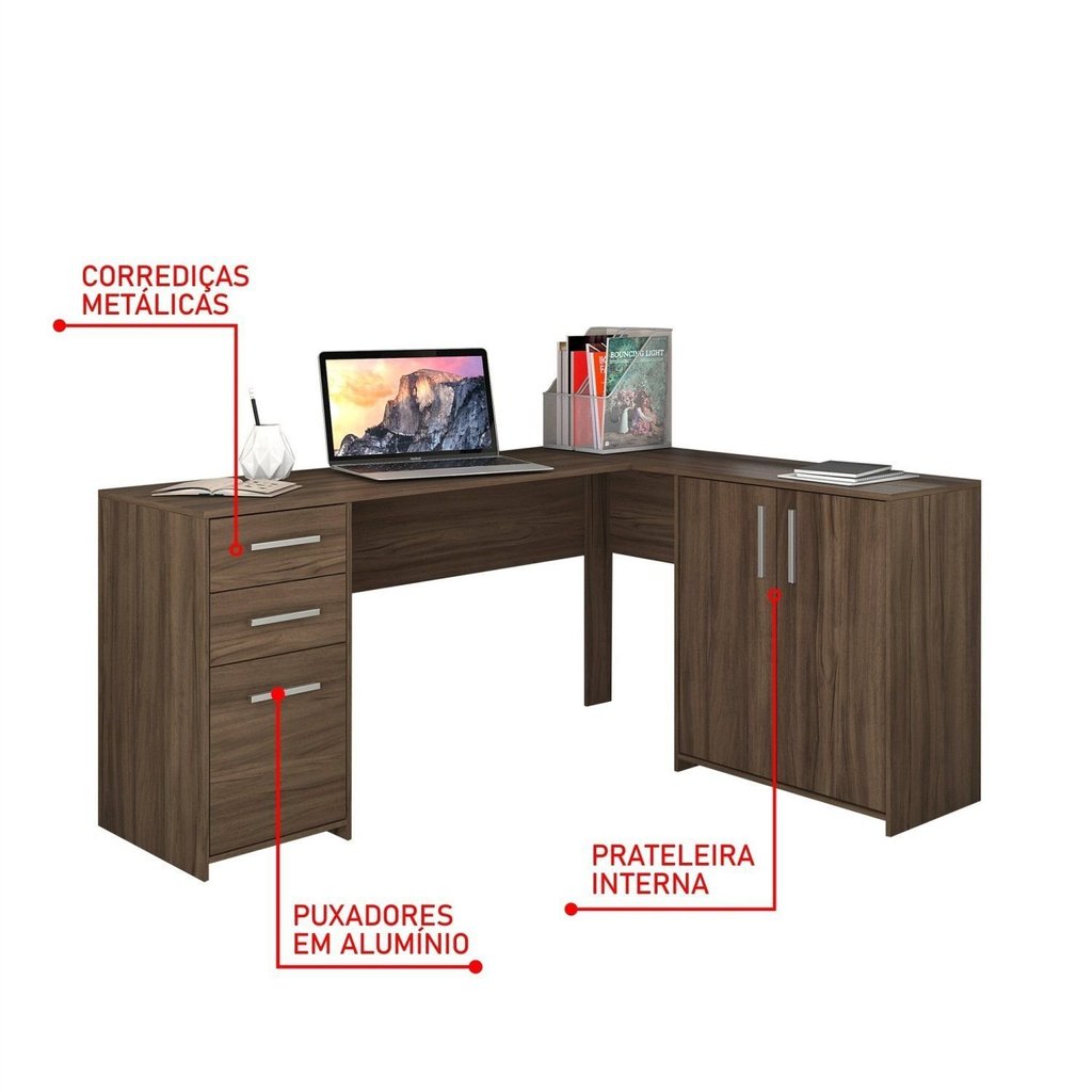 Escrivaninha Mesa Escritório em L Office Nt 2005 2 Gavetas 3 Portas 157cm Nogal Trend Marrom Nogal Trend · foto 2