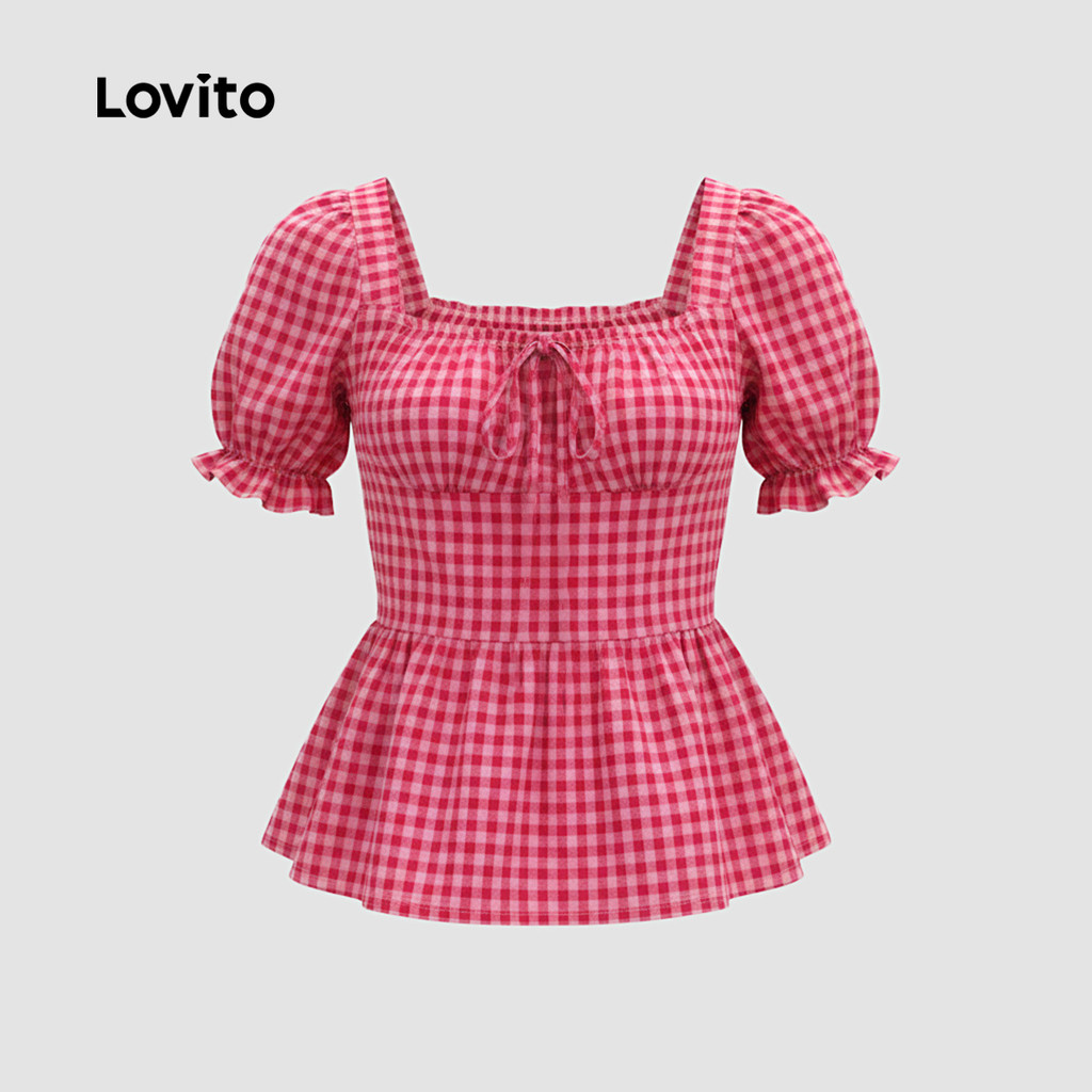Lovito Xadrez Blusa Casual com Zíper e Laço Rosa Vermelha para Mulheres primavera/verão LK5ED512 · foto 2