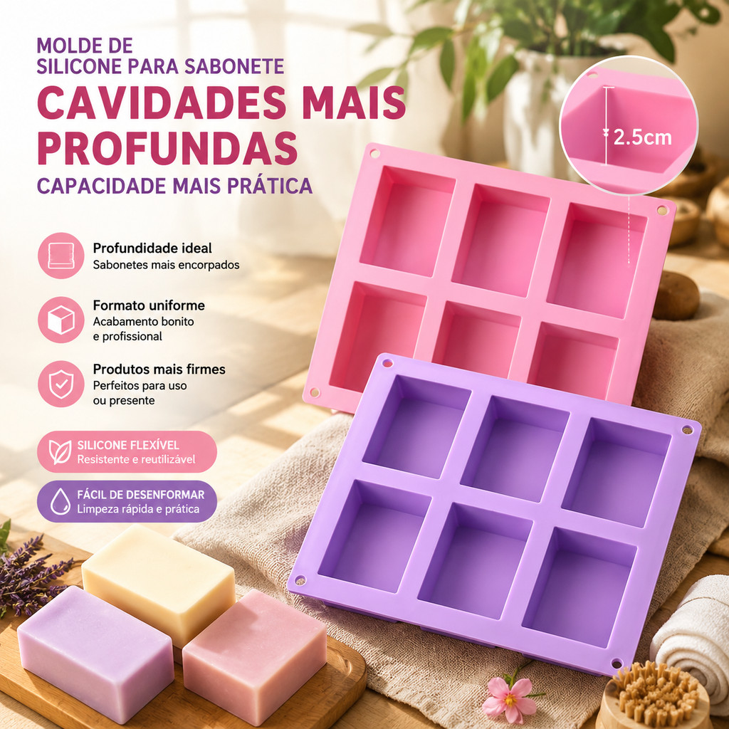 Forma de Silicone para Sabonete Retangular 6 Cavidades Acabamento Liso para DIY e Sabonetes Artesanais
