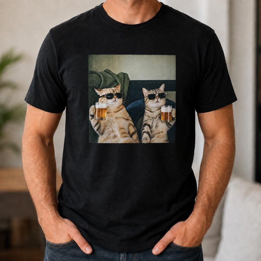 Camiseta Masculina Engraçada Gato Cerveja Estampada Algodão Casual Manga Curta Confortável