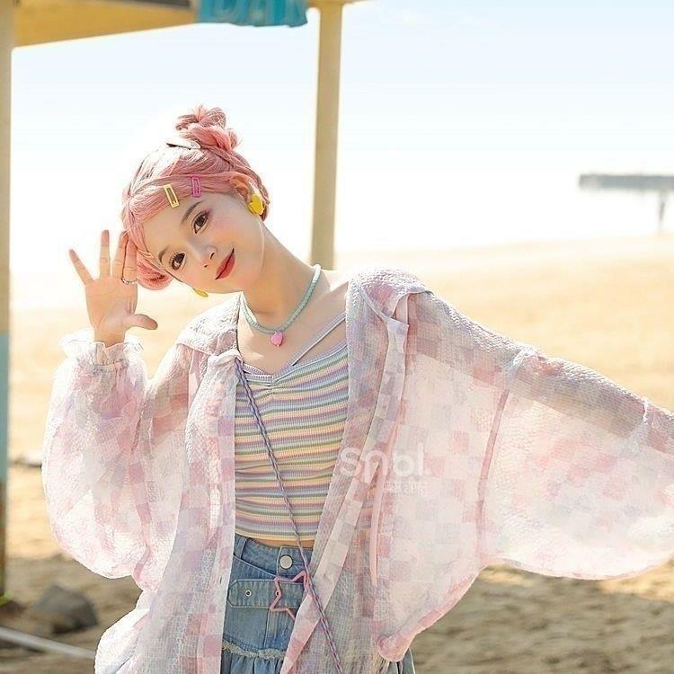 Dopamina Doce Colorido Xadrez Jaqueta Fina Protetor Solar Com Capuz Solto Top Casual