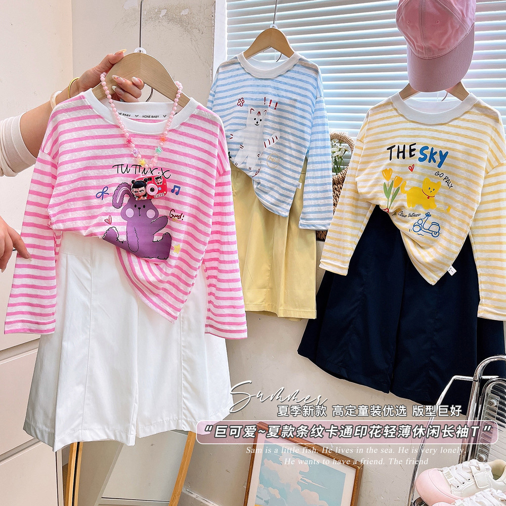 Crianças dopamina camiseta 2026 verão novo estilo meninas listrado dos desenhos animados luz Casual blusa de manga compr
