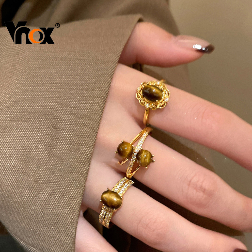 Anel Em Tom Dourado Vnox Para Mulheres , De Dedo De Pedra Natural Empilhável Ajustável , Joia Da Moda Vintage , Presente