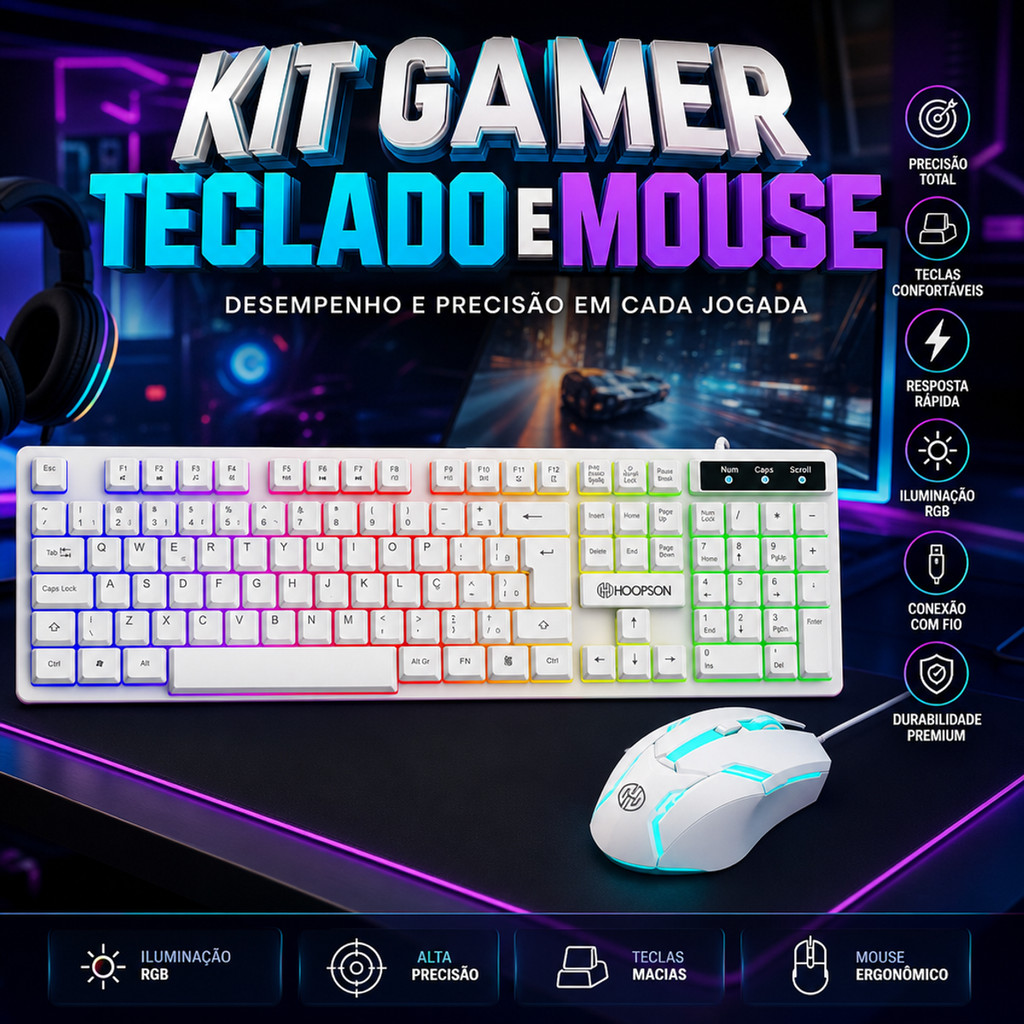 Kit Gamer Branco Teclado Membrana RGB LED Mouse Óptico 1200 dpi USB Plug and Play Compatível com Windows MacOS
