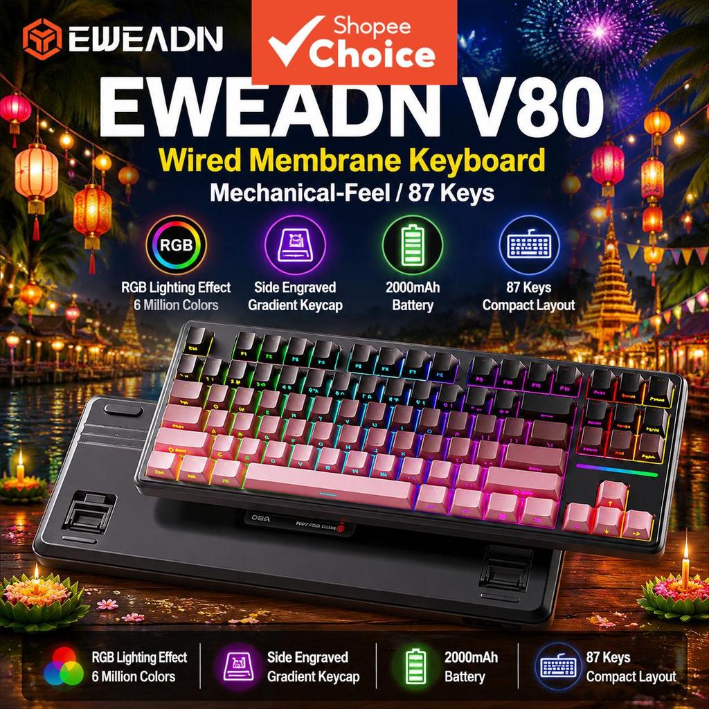 EWEADN V80 Teclado de Membrana com Tripla Conexão, Teclado Gamer Sem Fio, RGB Retroiluminado, Teclado Bluetooth Portátil