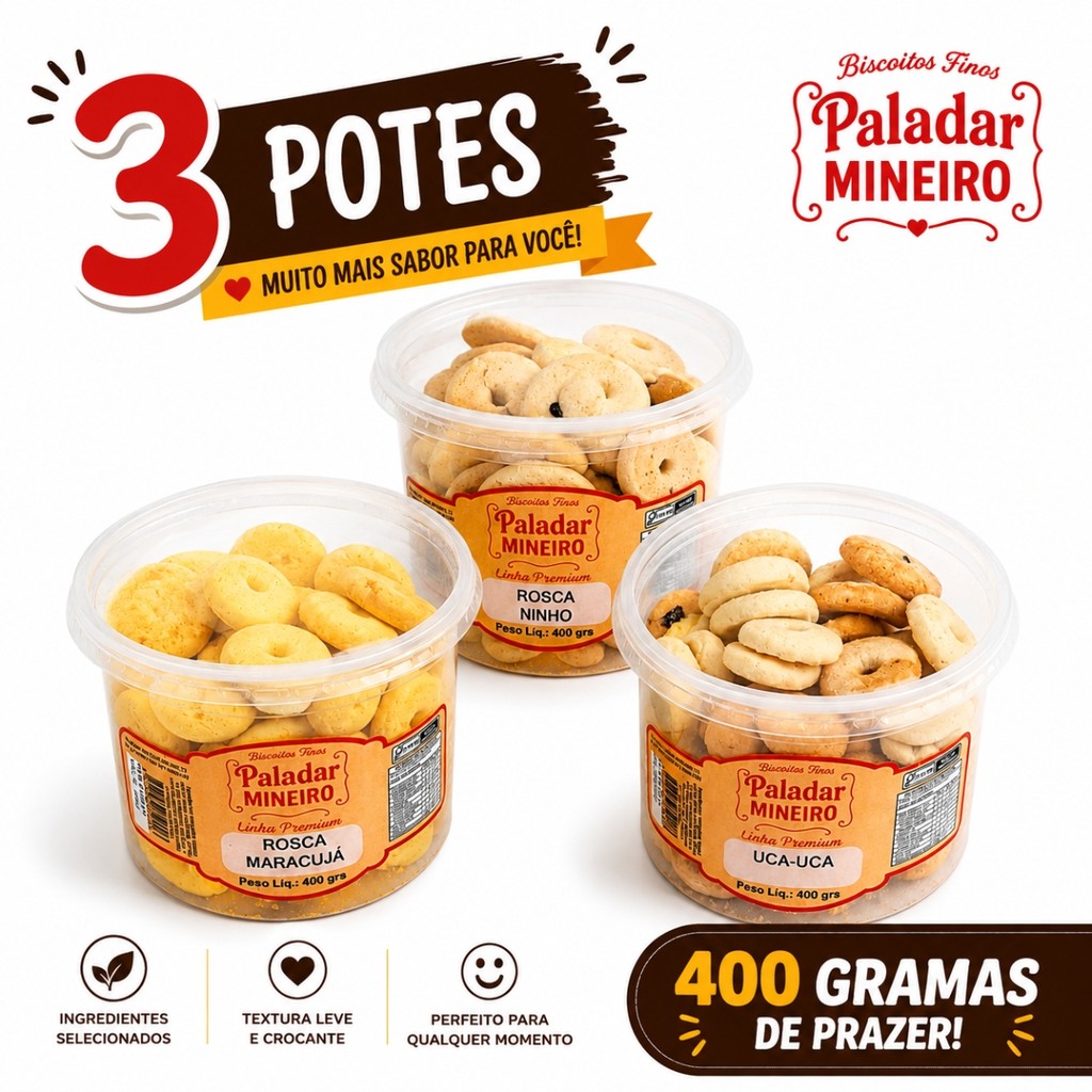 Kit 3 Potes Biscoitos Finos Amanteigados Recheados Paladar Mineiro 400g Cada