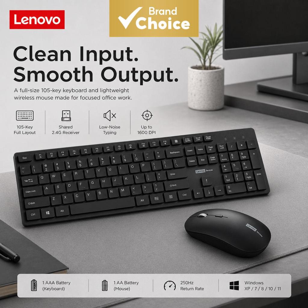 Teclado e Mouse Sem Fio Lenovo KN220, Combo com Receptor Plug-and-Play USB para Laptop e Desktop