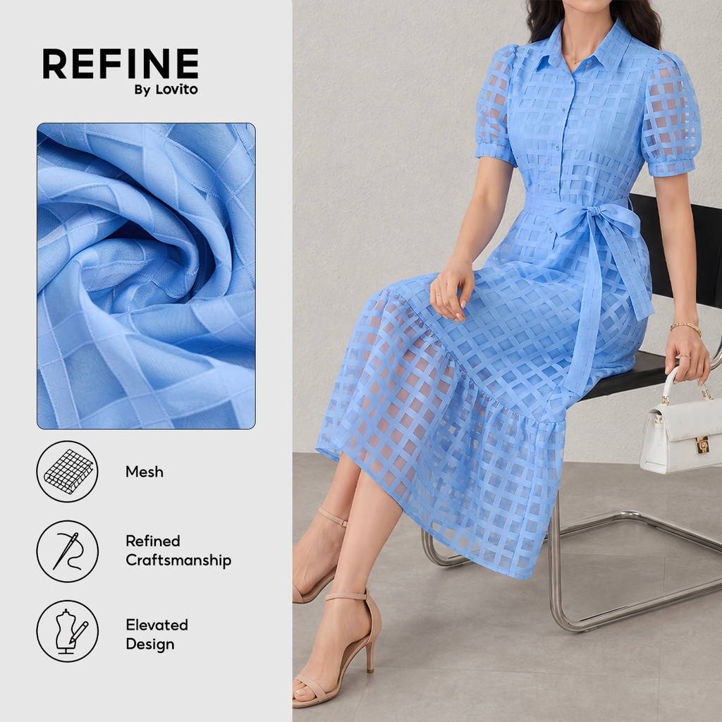 (Refine by Lovito) Elegante Vestido Feminino de Botão com Cinto para Primavera/Verão Azul LR13L065