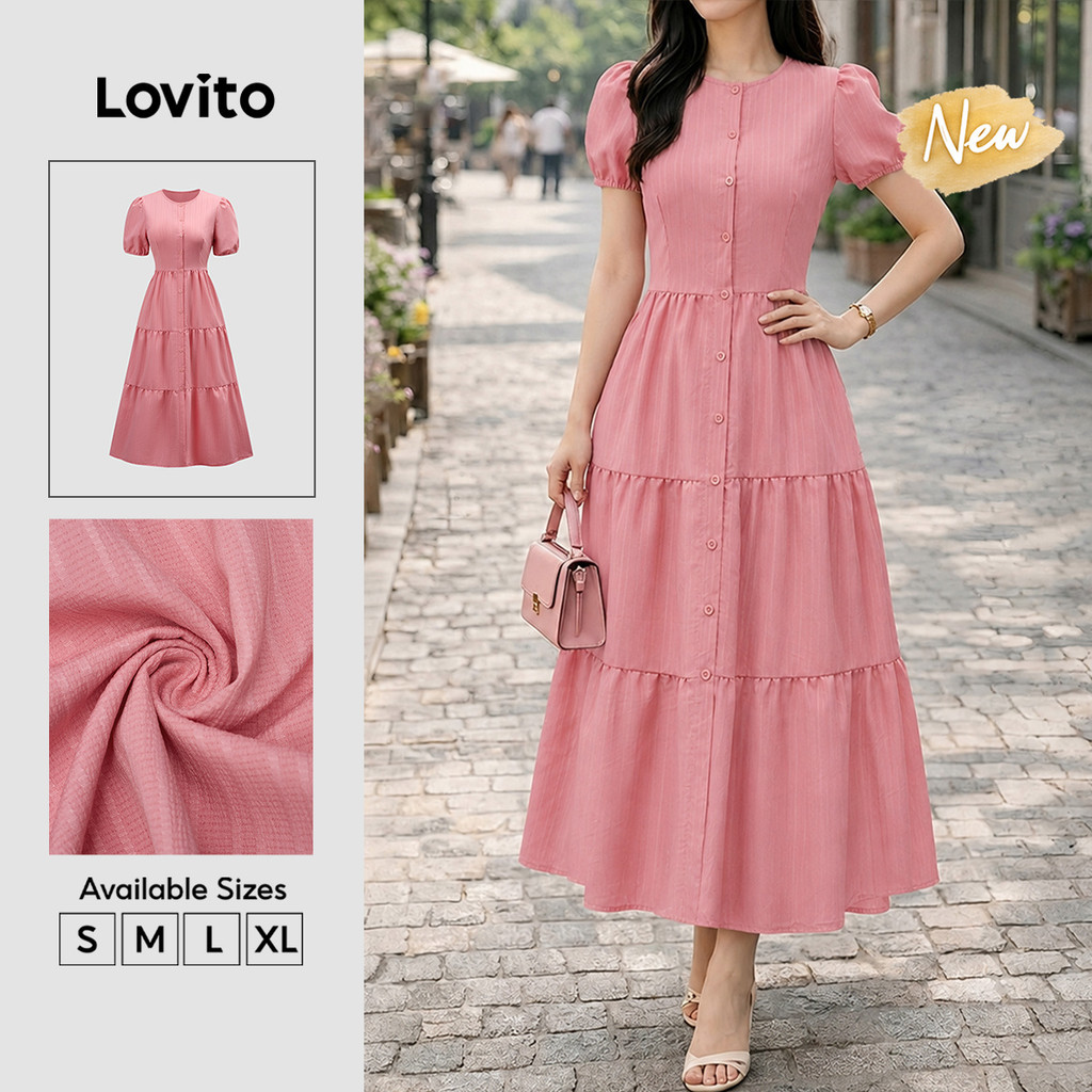 (New Arrival) Lovito Vestido Feminino Casual Rosa Plissado Com Botões Linha A Primavera Verão Férias E Fim De Semana DRK9BR213