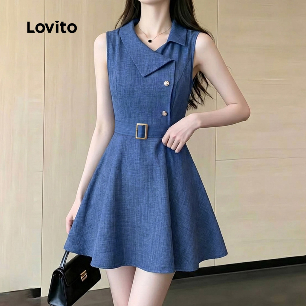 Lovito Vestido Casual Com Estrutura De Linhas E Cinto Vestido Cáqui Primavera/verão Para Mulheres DRK9P1D799 — imagem 2 de 2