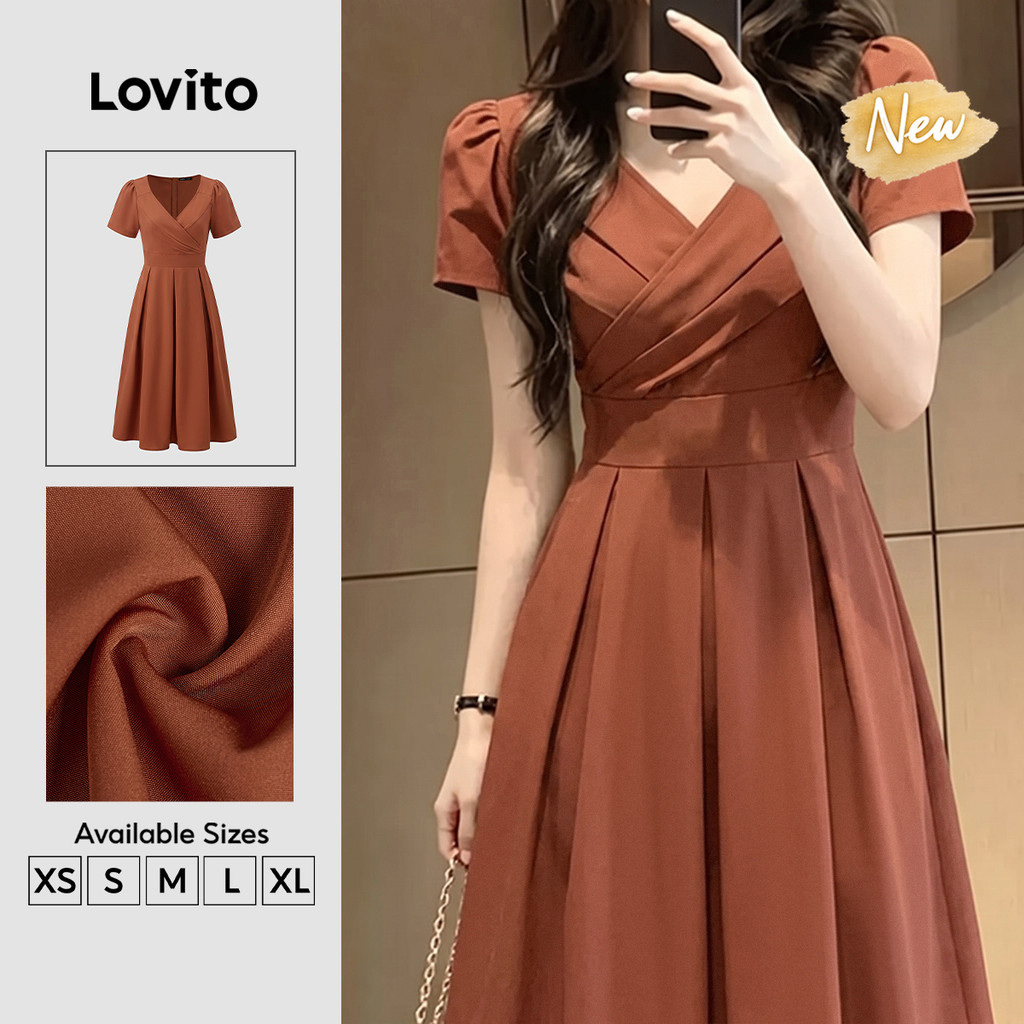 (New Arrival) Lovito Elegante Vestido Midi Evase Laranja Pregos Primavera Verão Trabalho Para Mulheres DRB204P1D747