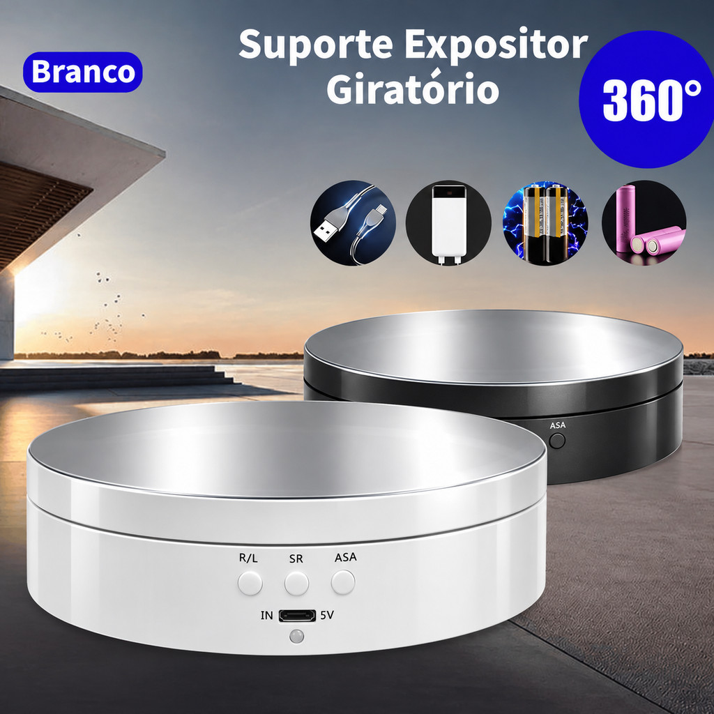 Suporte Expositor Giratório | USB Recarregável Para Vitrine Foto E Decoração Branco/preto