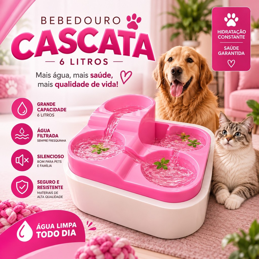 Bebedouro Fonte Cascata Rosa 6L para Cães e Gatos – Automático Bivolt com Filtro Purificador 💗🐾