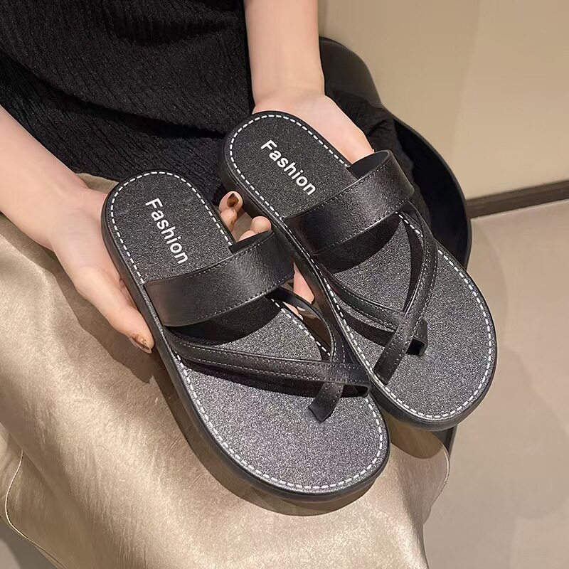 Retro estilo de noite conjunto Toe sandálias de sola grossa chinelos femininos na moda verão novo estilo casa Casual san