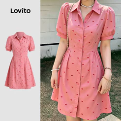 Lovito Vestido Curto Casual Botão Coração Primavera/verão Rosa para Mulheres DRK8P1D3245