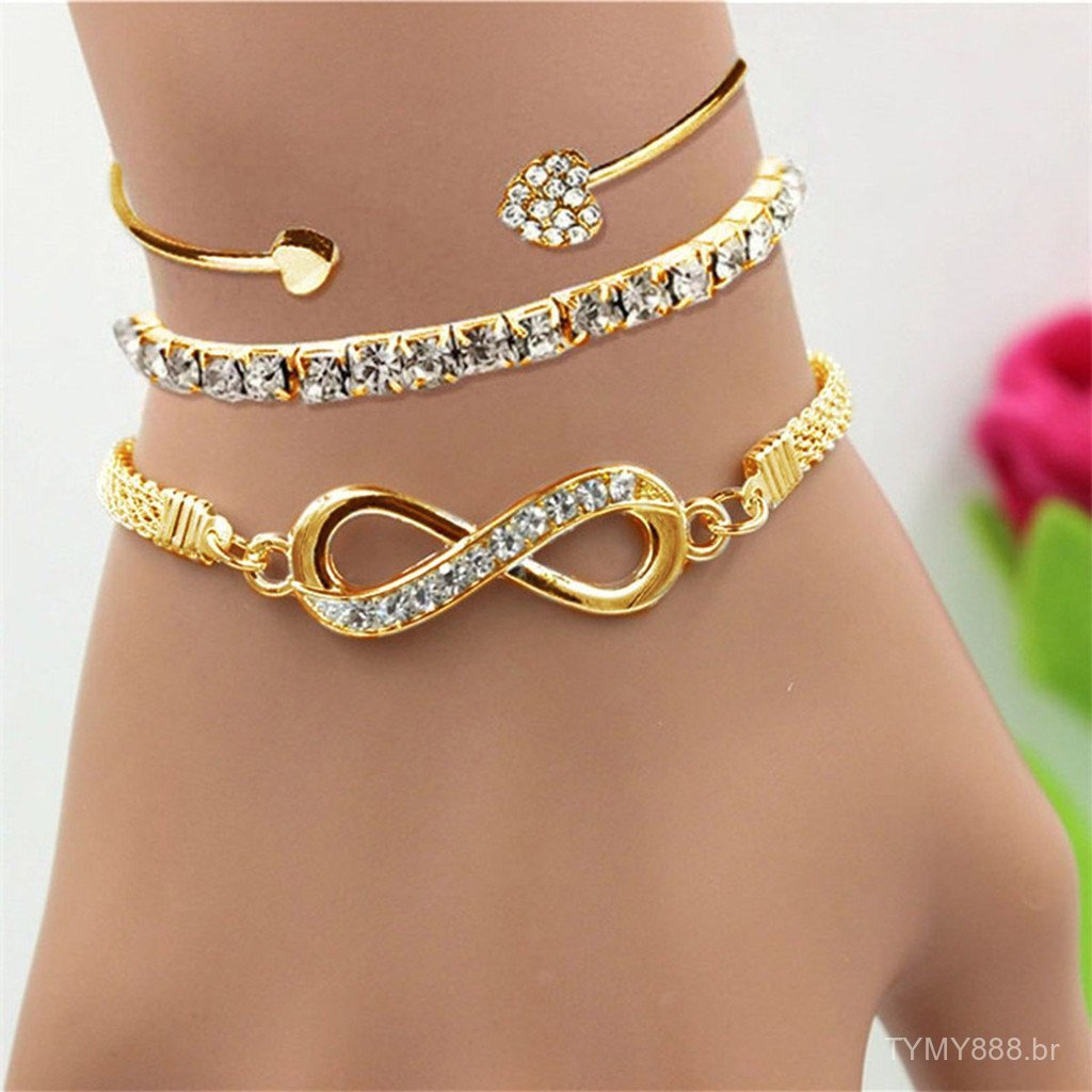 Conjunto de pulseiras femininas douradas com corrente de cobra infinita cravejadas de diamantes, presente luxuoso e eleg
