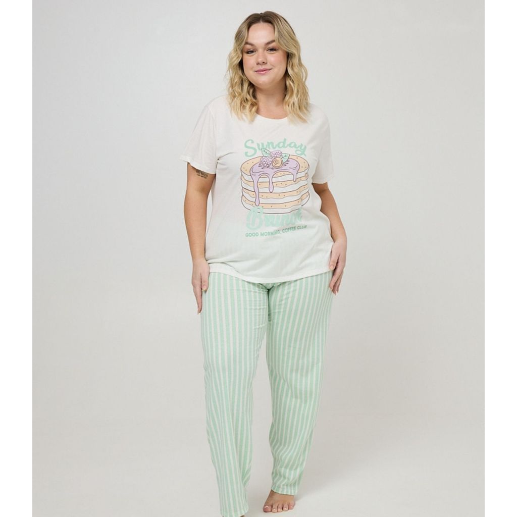 Pijama Longo Plus Feminino Meia Malha Evanilda Verde