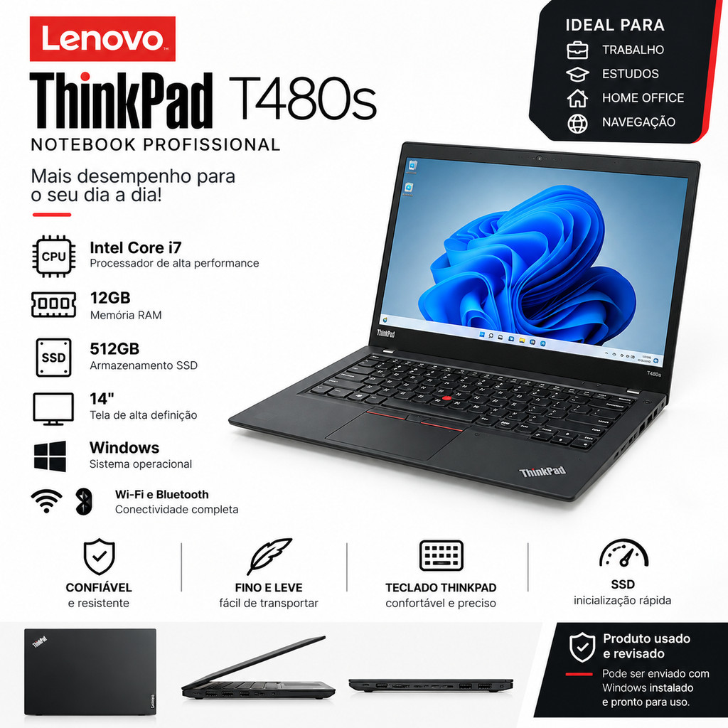 Notebook Lenovo ThinkPad T480s Tela 14"FullHD Intel Core i7 8/12GB 256/512GB Preto Com Garantia - Notebook de Exposição