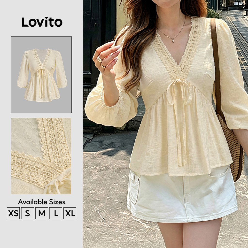Lovito Blusa Casual com Design de Amarração em Renda Estilo Resort Cor Damasco Feminina Bordado BLK8TD257