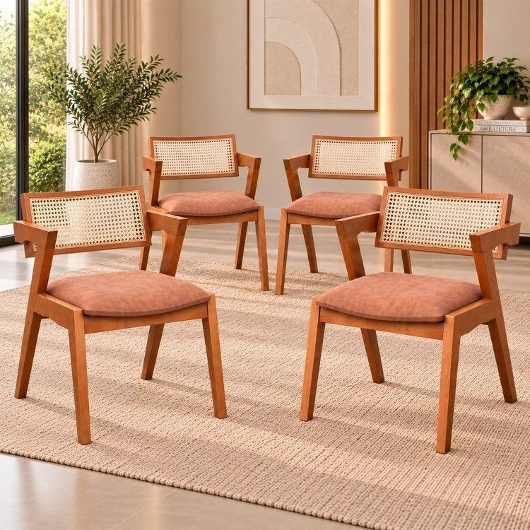 Kit 4 Cadeiras Madeira Maciça com Rattan Fibra Natural Verona Espresso Móveis Champagne/Couro Marrom