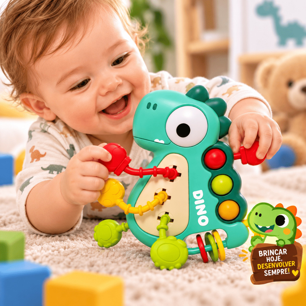 Mordedor Chocalho Sensorial Dinossauro Bebê Com Corda 5 em 1 Brinquedo Educativo Divertido