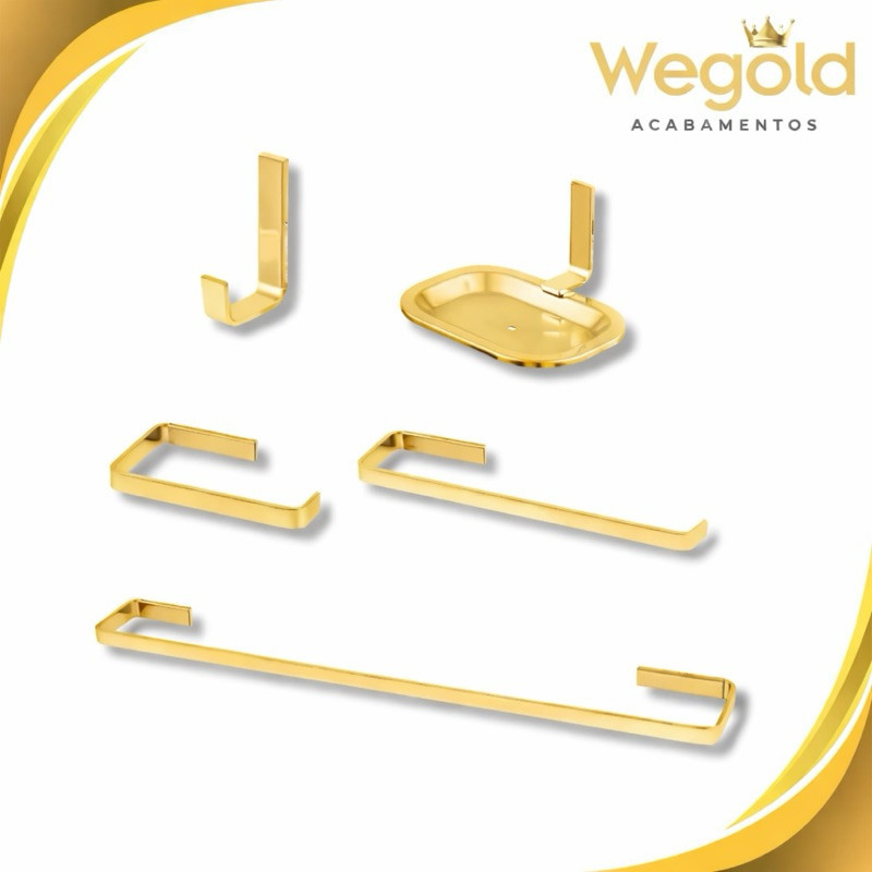 Kit Quadrado Dourado 5 Peças Luxo Para Banheiro Alumínio + Saboneteira Inox