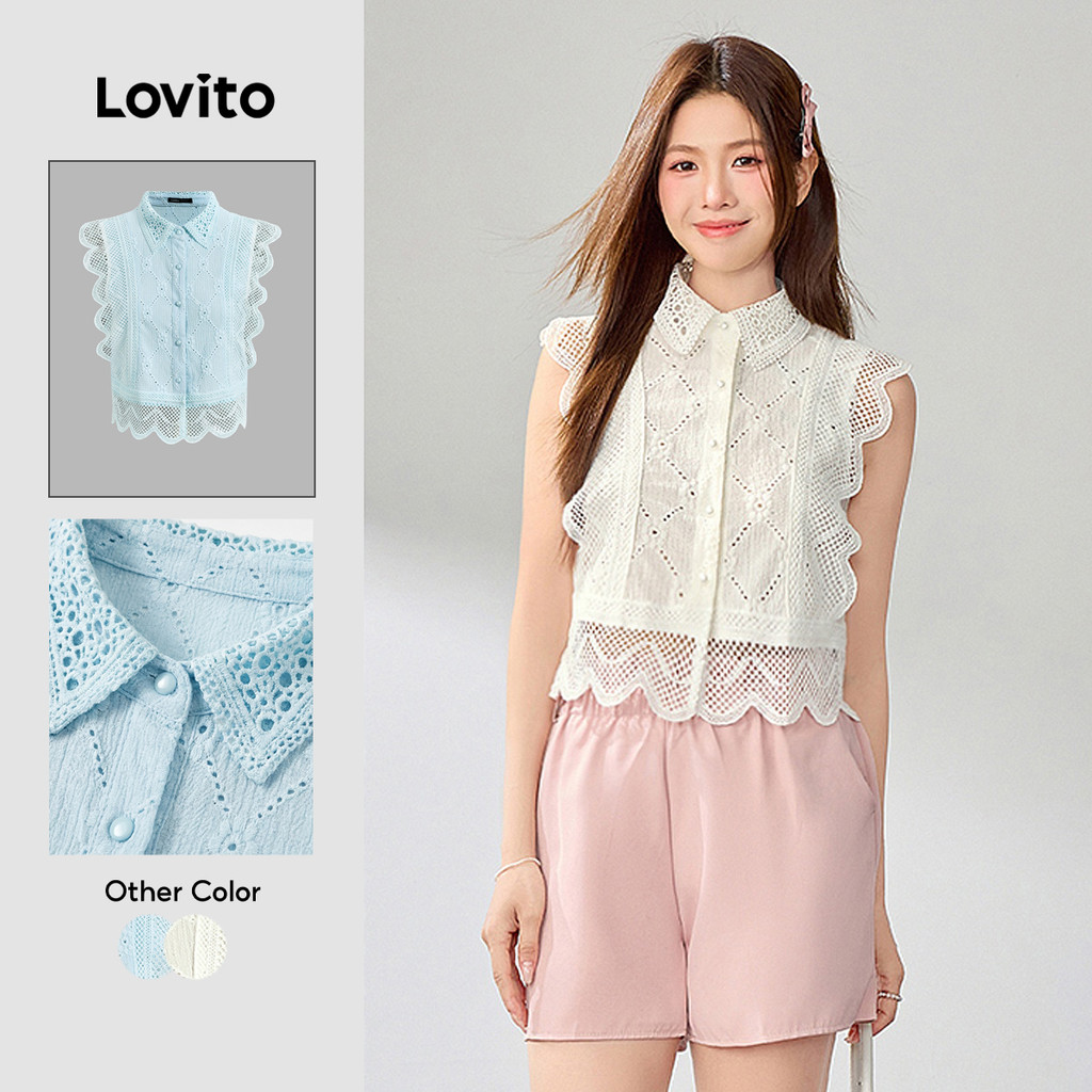 (Férias)Lovito Blusa Feminina De Manga Curta Com Bordado Inglês Em Renda Para O Verão/primavera E Uso Diário Para O Dia a Dia Bordado LR2AD066
