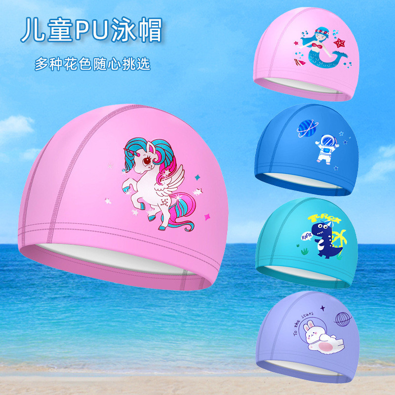Novo estilo crianças PU revestimento à prova dwaterproof água dos desenhos animados impresso touca de natação elástica c