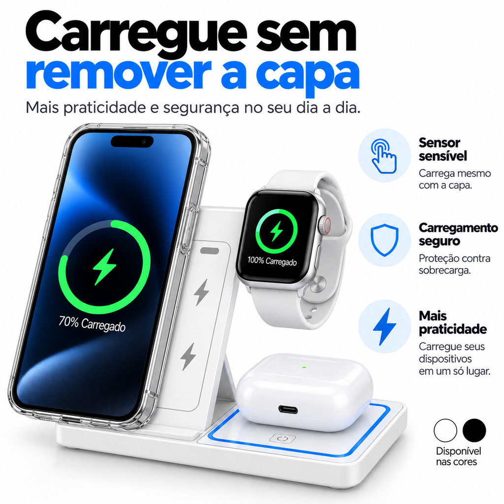 Carregador Sem Fio 30W por Indução iPhone Apple Watch AirPods com LED