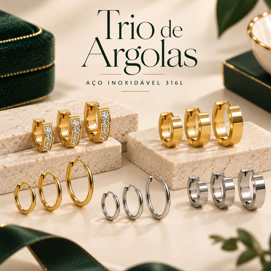 Kit 3 Pares Trio Argolinha Cravejada Aço Inoxidável Feminino Antialérgica Dourada ou Prata