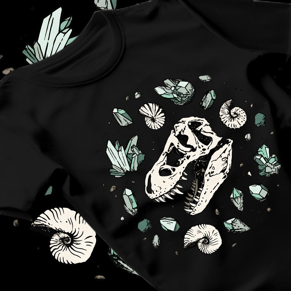 [Camiseta Premium em Algodão Puro]BOW Camiseta Dinossauro T-Rex Fóssil Cristais Blusa Preta Algodão Masculina Geek